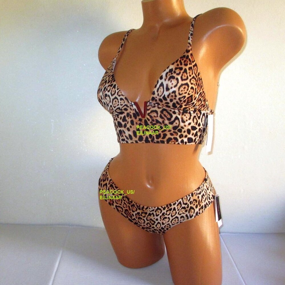 XS/S Victoria Secret Swim V-Hardware Strappy Top Bikini Set Cheeky Bottom Leopar